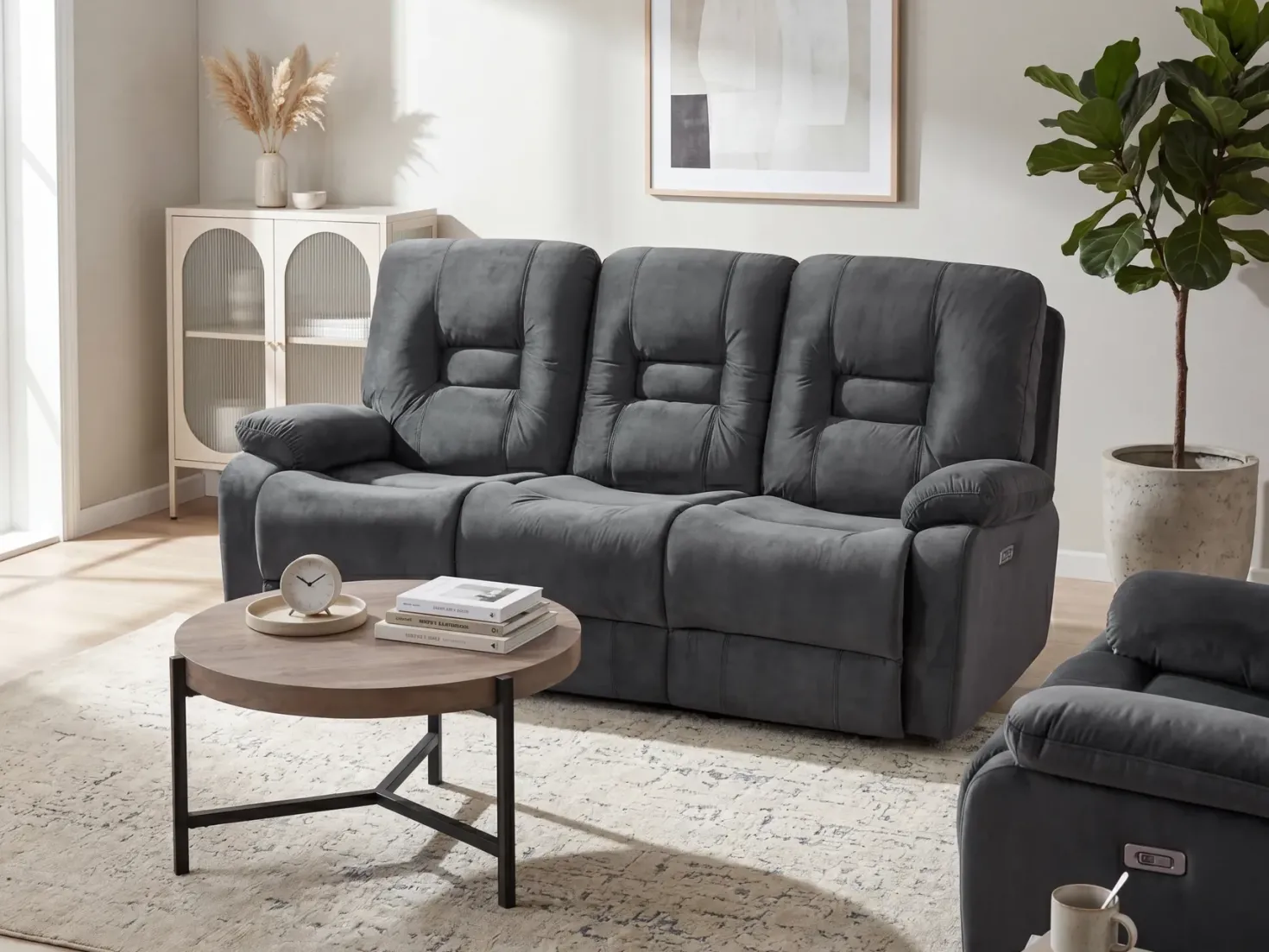 Elektrisk recliner sofa 3 personers BERGEN Velour Mørkegrå