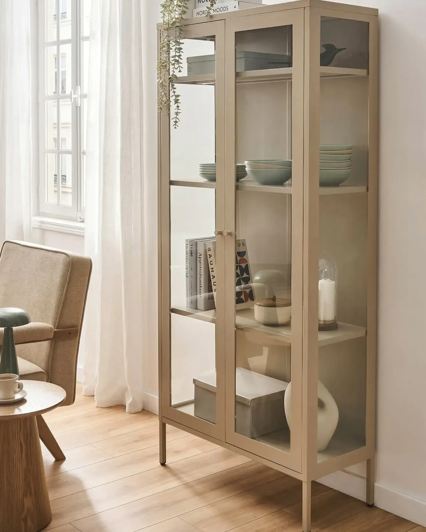 Glas vitrineskab HARTY Metal 80 cm Beige