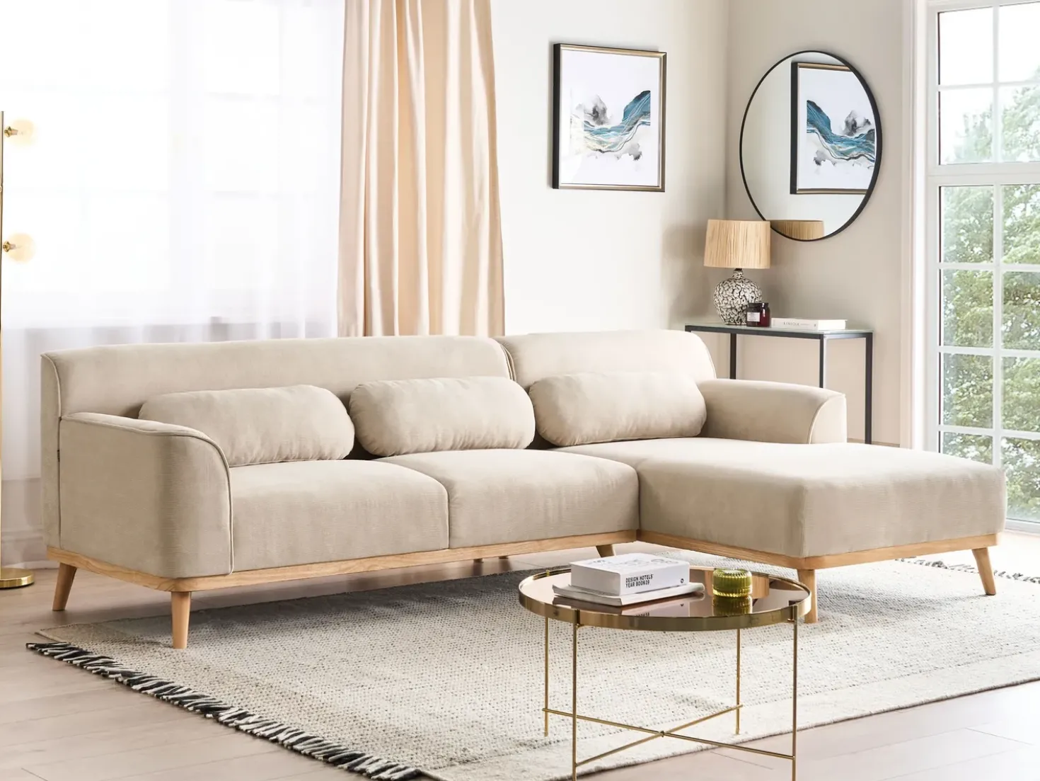 Hjørnesofa 3 personers SIMOS Fløjl Lys Beige Venstrevendt