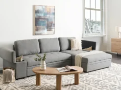 Hjørnesovesofa 3 personers HRISEY Kunstlinned Grå med opbevaring Venstrevendt